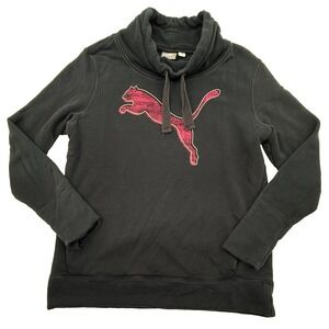 Puma Hoodie Womens Large Black Pink Logo Pullover Sweatshirt Kangaroo Pocket